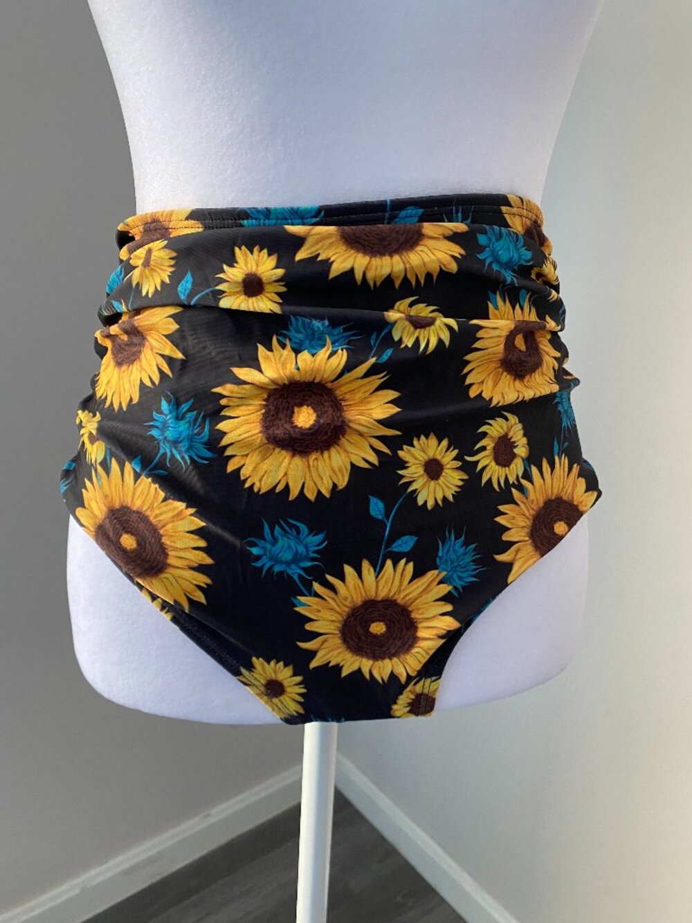 High Waist Ruched Sunflower Swim Bottoms